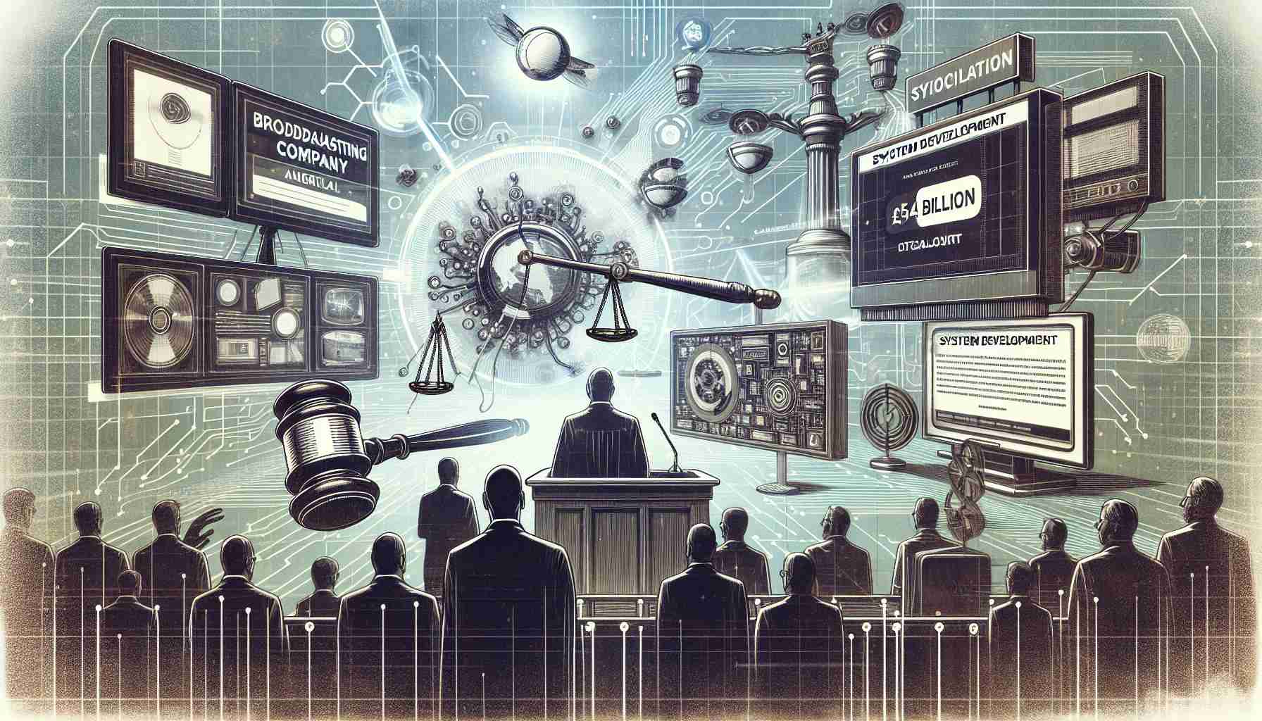 An illustrative depiction of a dramatic legal battle between a hypothetical broadcasting company and an international tech giant over a system development costing £5.4 billion. The scene should capture elements associated with legal proceedings such as a courtroom or legal documents, whilst incorporating symbols of technology and broadcast media.