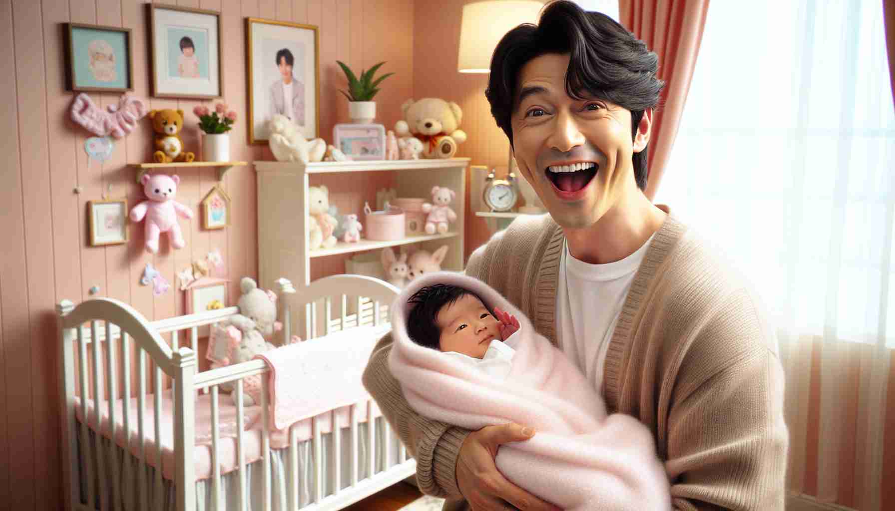 Visual depiction of an excited man who resembles a famous Japanese pop singer, holding a newborn baby girl swaddled in a soft pink blanket. The scene takes place in a tastefully decorated nursery room, filled with baby stuff, like a white rocking crib, stuffed animals, and pastel-colored decorations. The man has an Asian descent, his black hair is styled in soft waves and he warmly smiles at his third daughter, an expression of joy and pride visible in his eyes.